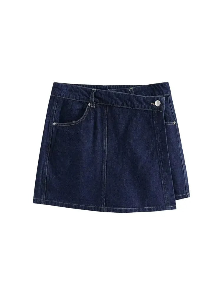 Flip Pocket Short Collar Slim Fit Denim Top & Asymmetric Denim Skirt