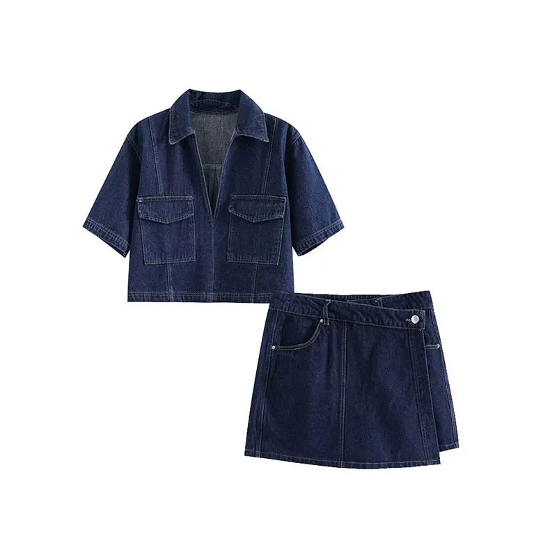 Flip Pocket Short Collar Slim Fit Denim Top & Asymmetric Denim Skirt