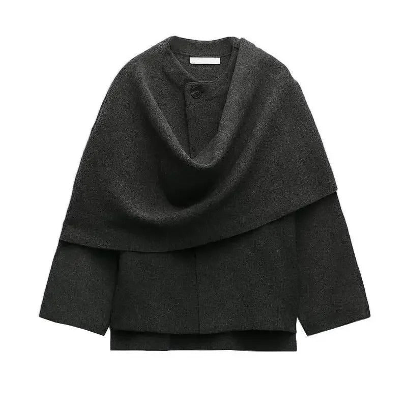 Asymmetric Knitted Coat with Single Button and Side